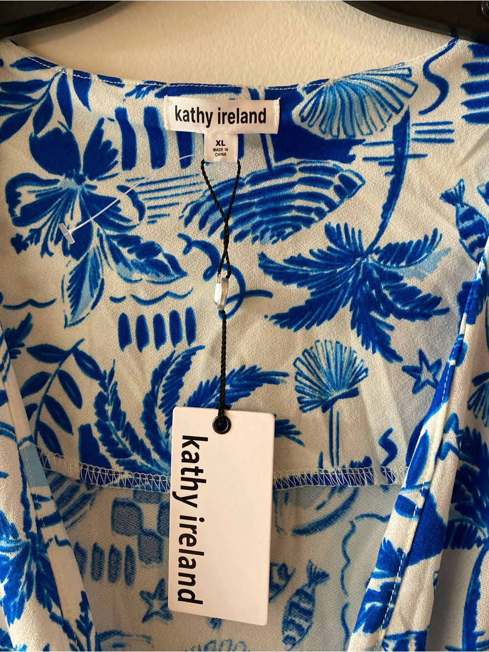 kathy ireland White & Blue Tropical Print Wrap Blouse - Picture 4 of 5
